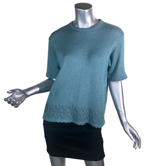 Alfred Dunner Women's Medium Teal Blue Knit Short Sleeve Sweater Crew Neck Scall - Picture 1 of 12